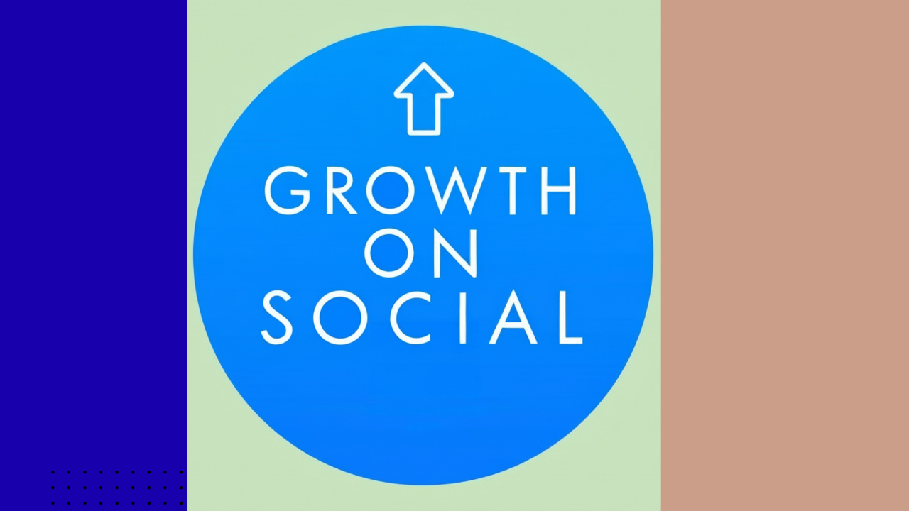 Blue circle with upward arrow and white text "Growth on Social" on green and blue background, highlighting AI chatbot for.