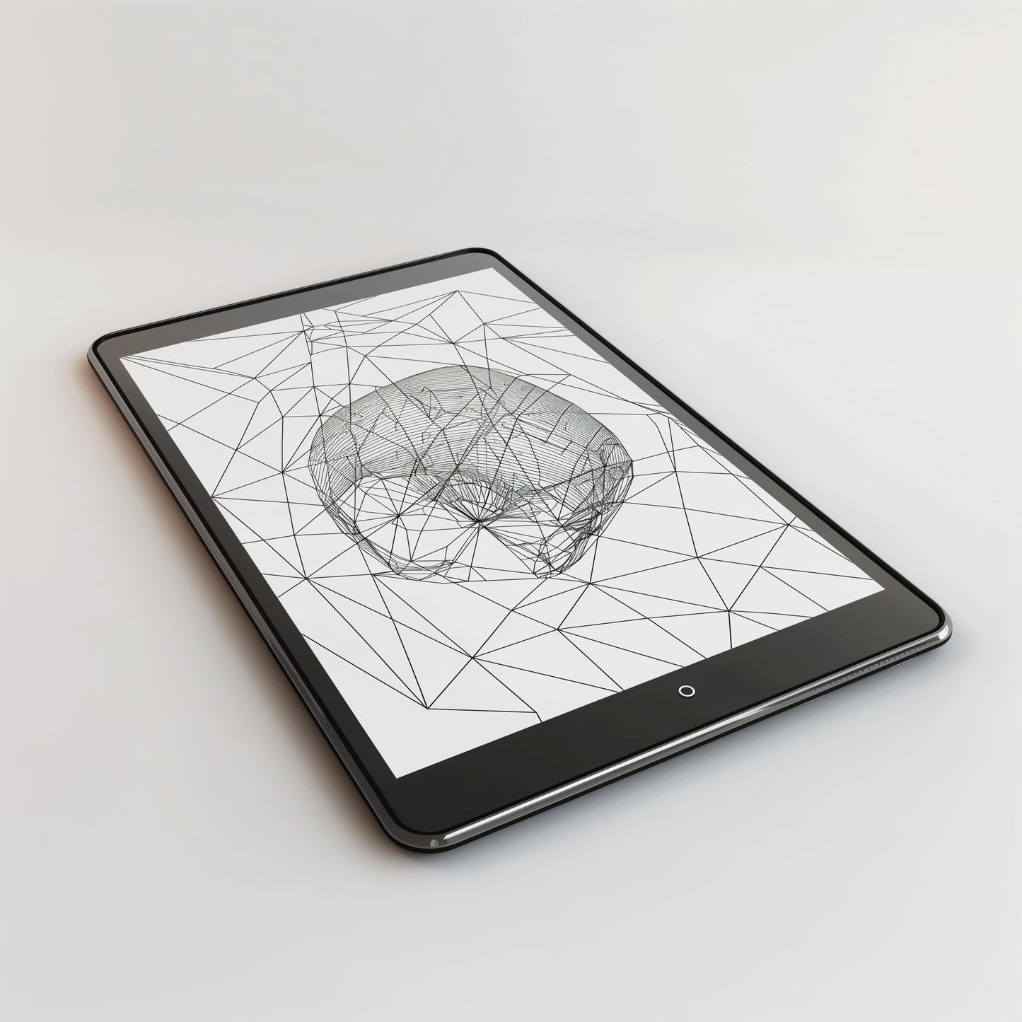 Tablet displaying wireframe brain graphic representing AI assistant for restaurant menu questions and AI chatbot for.