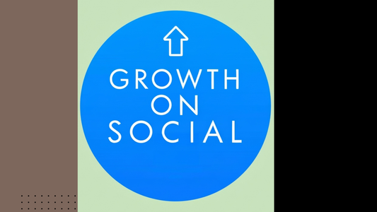 Blue circle with white text "Growth on Social" and upward arrow against beige background highlighting social media marketing .