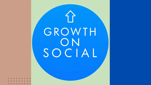 Blue circle with white arrow and text "Growth on Social" on beige and light blue background.