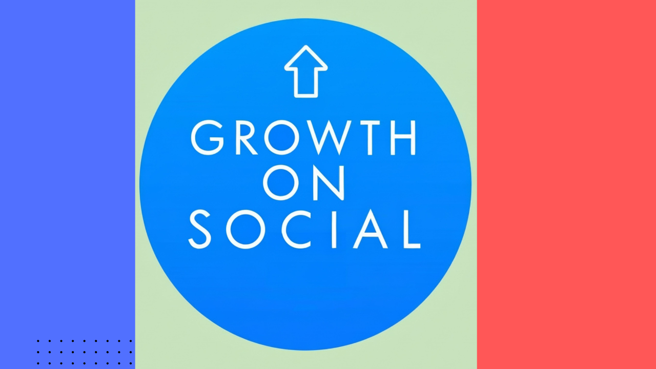 Blue circle with white text "Growth on Social" and upward arrow on colorful background, branding AI chatbot for restaurant.