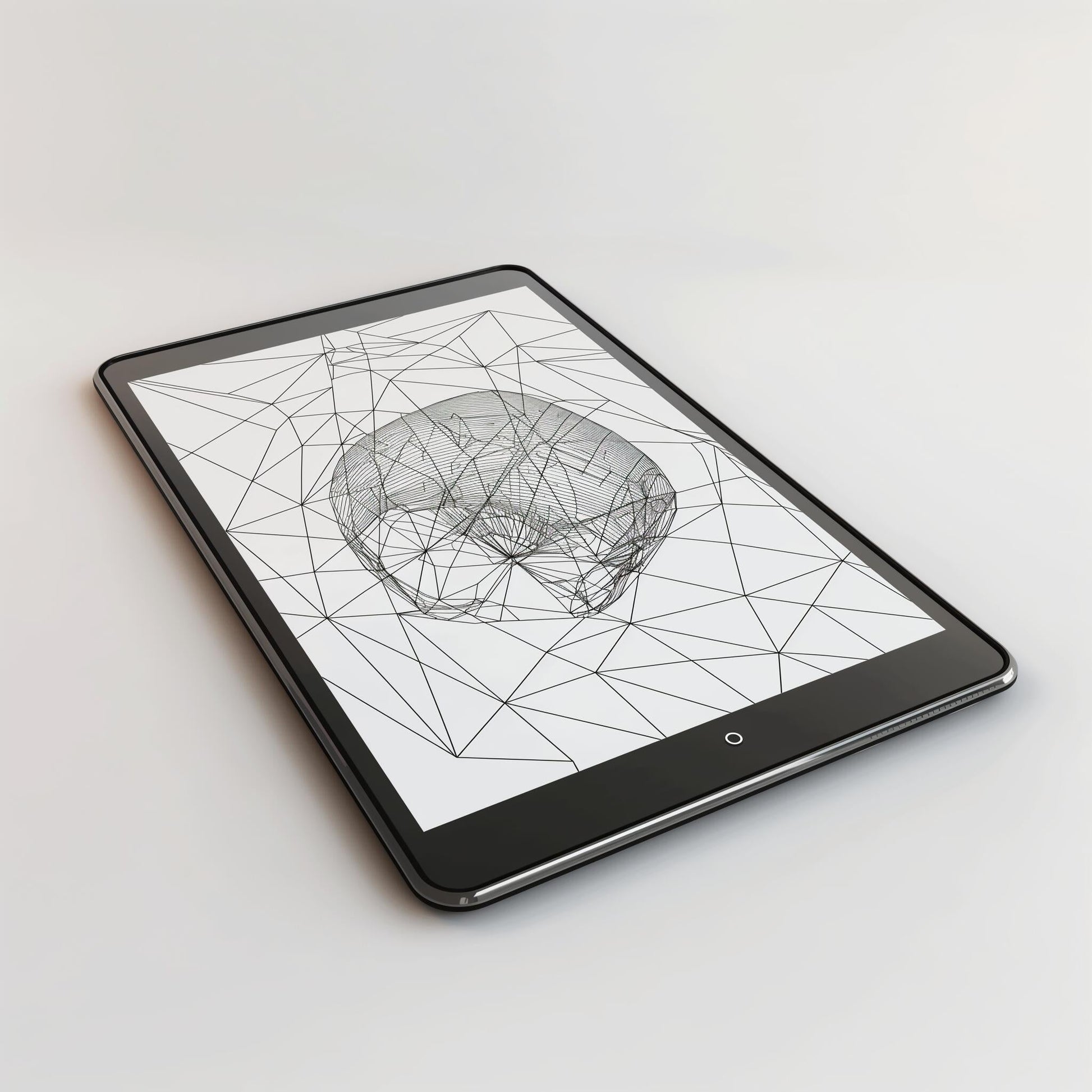 Tablet displaying wireframe brain graphic representing AI assistant for restaurant menu questions and AI chatbot for.