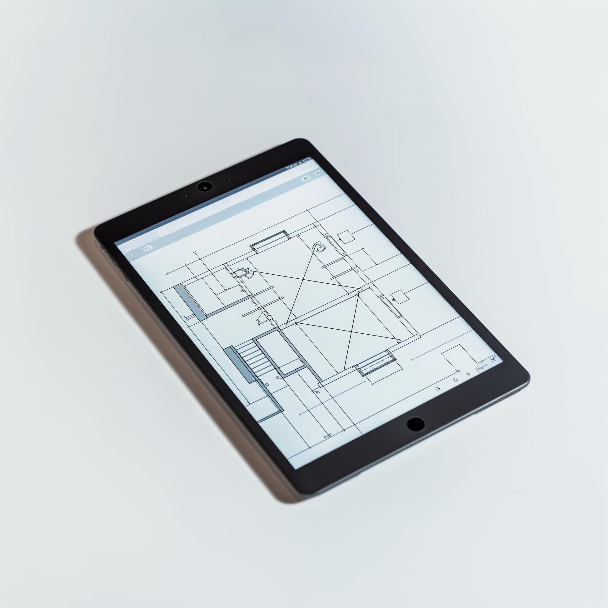 Tablet displaying architectural floor plans, highlighting AI chatbot for restaurant websites and AI tool for restaurant.