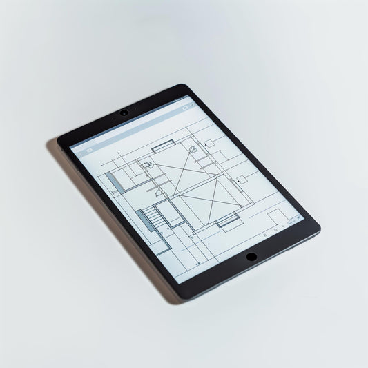 Tablet displaying architectural floor plans, highlighting AI chatbot for restaurant websites and AI tool for restaurant.