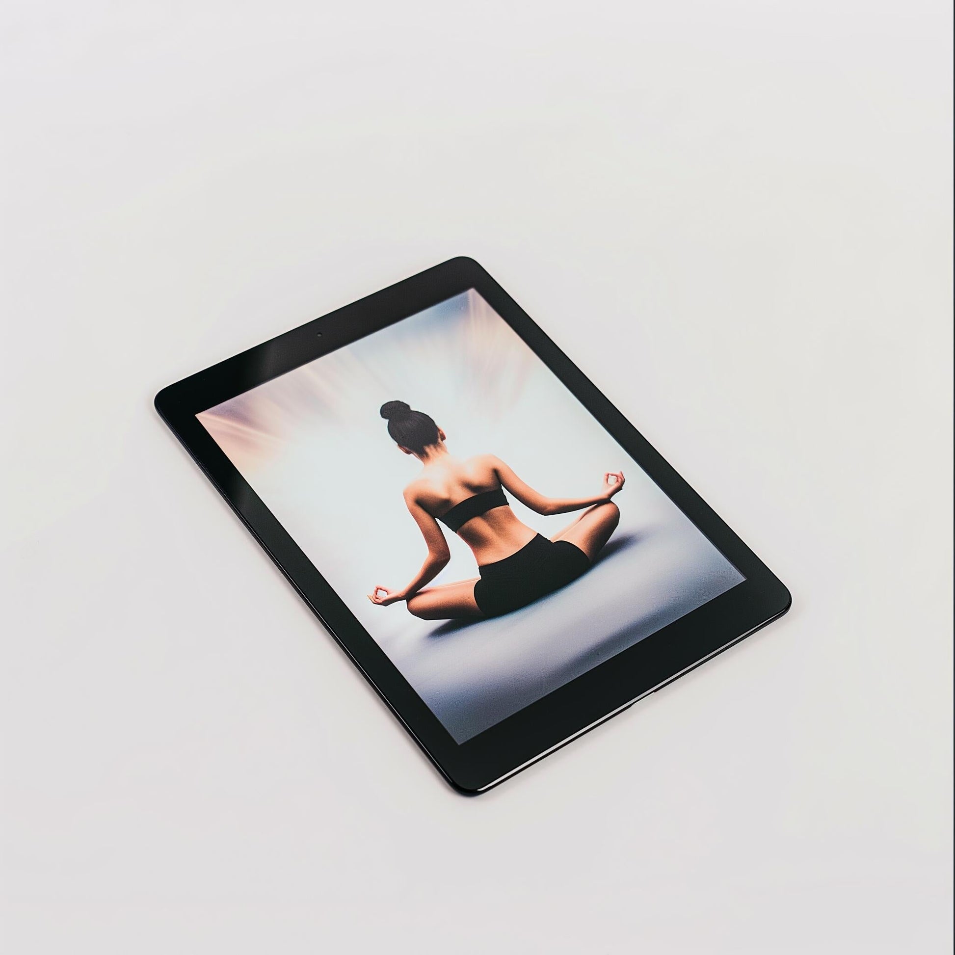 Black tablet displaying a serene yoga woman image, ideal for AI chatbot for restaurant websites and restaurant website AI.