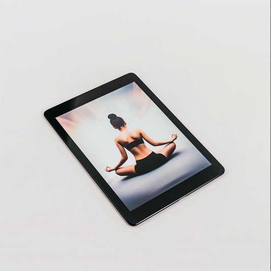 Black tablet displaying a serene yoga woman image, ideal for AI chatbot for restaurant websites and restaurant website AI.